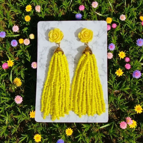 Yellow Rose Beaded Tassel Drop Earrings - Picture 3 of 14